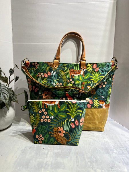 Traveller Tote, Rifle Paper Co Jungle Hunter, Hand Waxed Canvas Set with Zipper Pouch