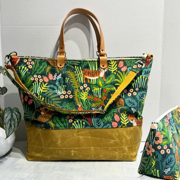Traveller Tote, Rifle Paper Co Jungle Hunter, Hand Waxed Canvas Set with Zipper Pouch