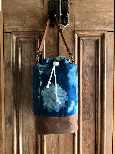 Big Blue, Cyanotype Printing Organic Cotton and Waxed Canvas, Blue & Tan