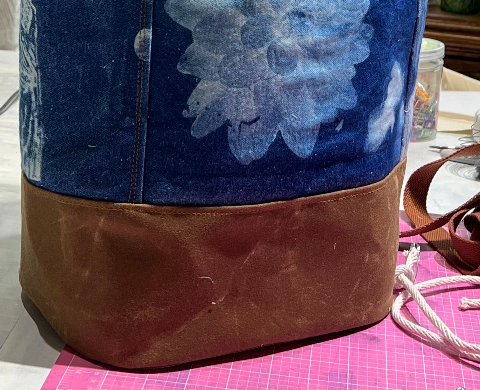 Big Blue, Cyanotype Printing Organic Cotton and Waxed Canvas, Blue & Tan