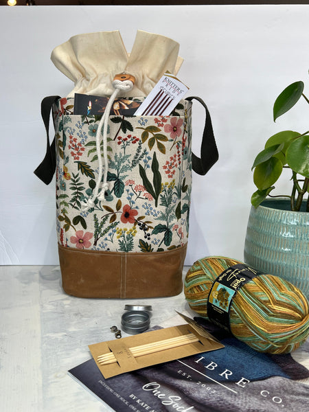 Purl Project Tote (medium size) and DPN Rollup Set Rifle Paper Co Linen Canvas & Waxed Canvas