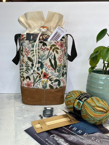 Purl Project Tote (medium size), Rifle Paper Co Linen Canvas & Waxed Canvas Bottom Multiple Fabric Options