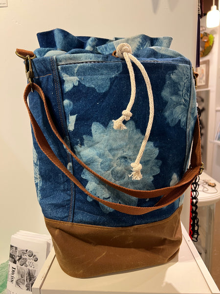 Big Blue, Cyanotype Printing Organic Cotton and Waxed Canvas, Blue & Tan