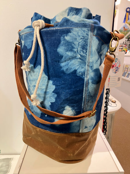 Big Blue, Cyanotype Printing Organic Cotton and Waxed Canvas, Blue & Tan