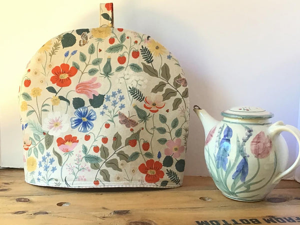 Tea Pot Cozy, Quilted Linen, 4-6 Cup, Rifle Paper Co, Strawberry Fields Natural
