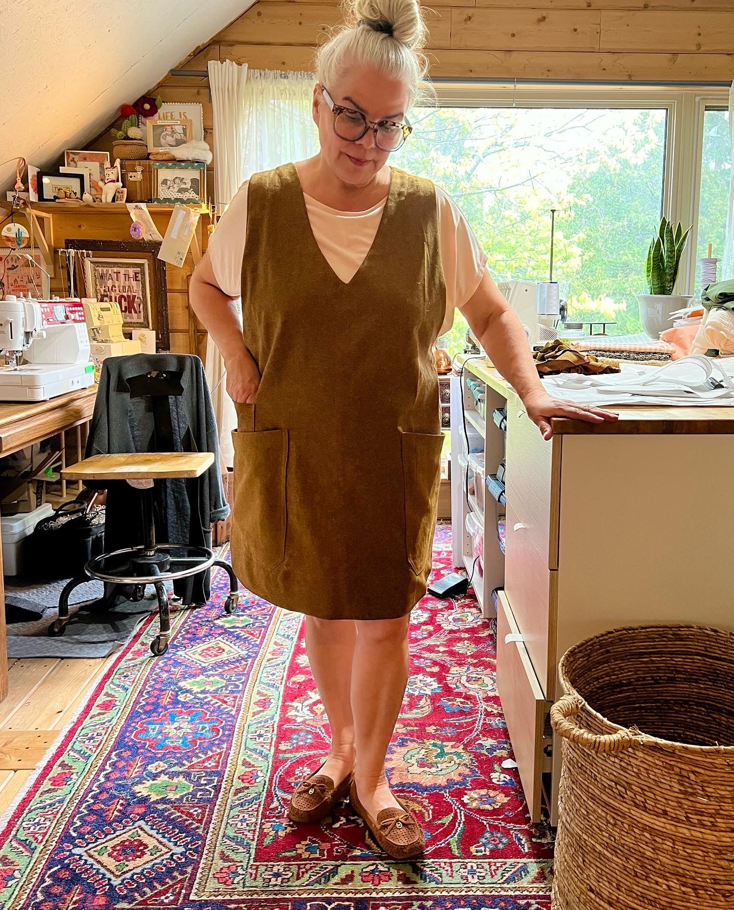 Sample Pinafore Style Linen Dress, Maker’s Gardeners Dress with Big Pockets
