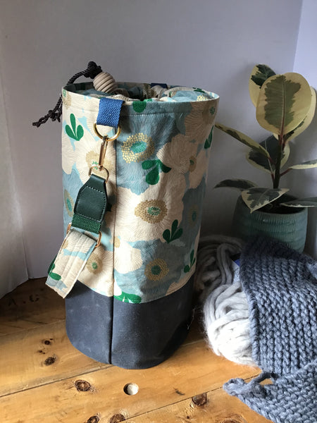 Everyday Tote, Round Project or Knitting Tote, Ruby Star Society Blue Camellia & Waxed Canvas