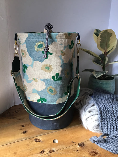 Everyday Tote, Round Project or Knitting Tote, Ruby Star Society Blue Camellia & Waxed Canvas