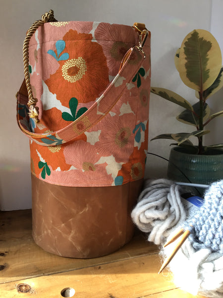 Everyday Tote, Round Project or Knitting Tote, Ruby Star Society Coral Camellia & Waxed Canvas