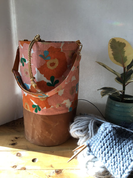 Everyday Tote, Round Project or Knitting Tote, Ruby Star Society Coral Camellia & Waxed Canvas