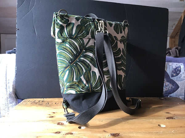 Backpack to Cross Body Satchel- Monstera Leaf Linen and Waxed Ca