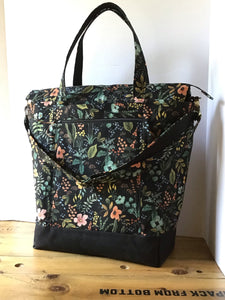 Big Traveller Tote Bag Waxed Canvas & Herb Garden Midnight Linen