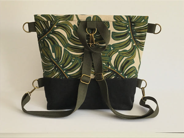 Backpack to Cross Body Satchel- Monstera Leaf Linen and Waxed Ca